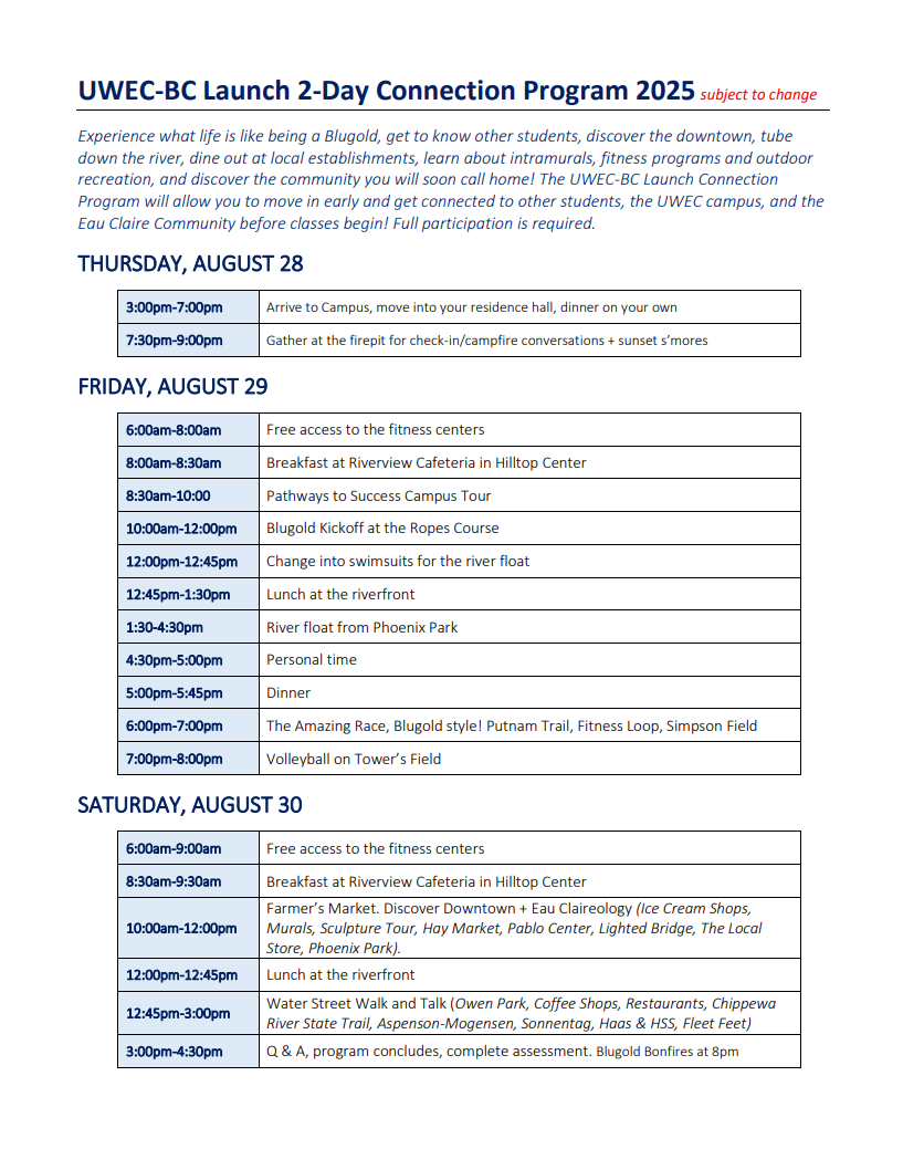 Tentative schedule for UWEC BC Launch Program