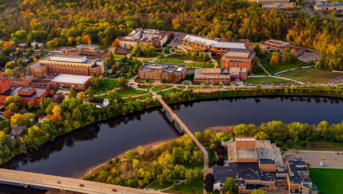 campus aerial in fall colors starting