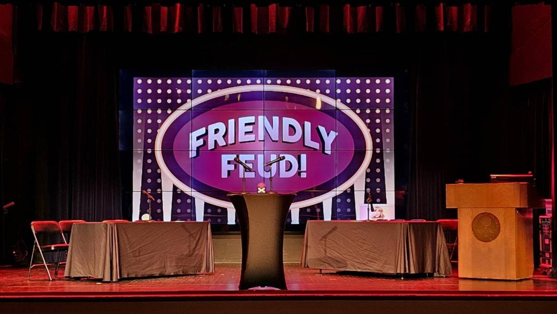 Photo of stage set up for Friendly Feud event