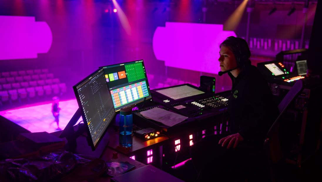 Student working in the Light, Sound, and Video Projection Lab at the Pablo Center