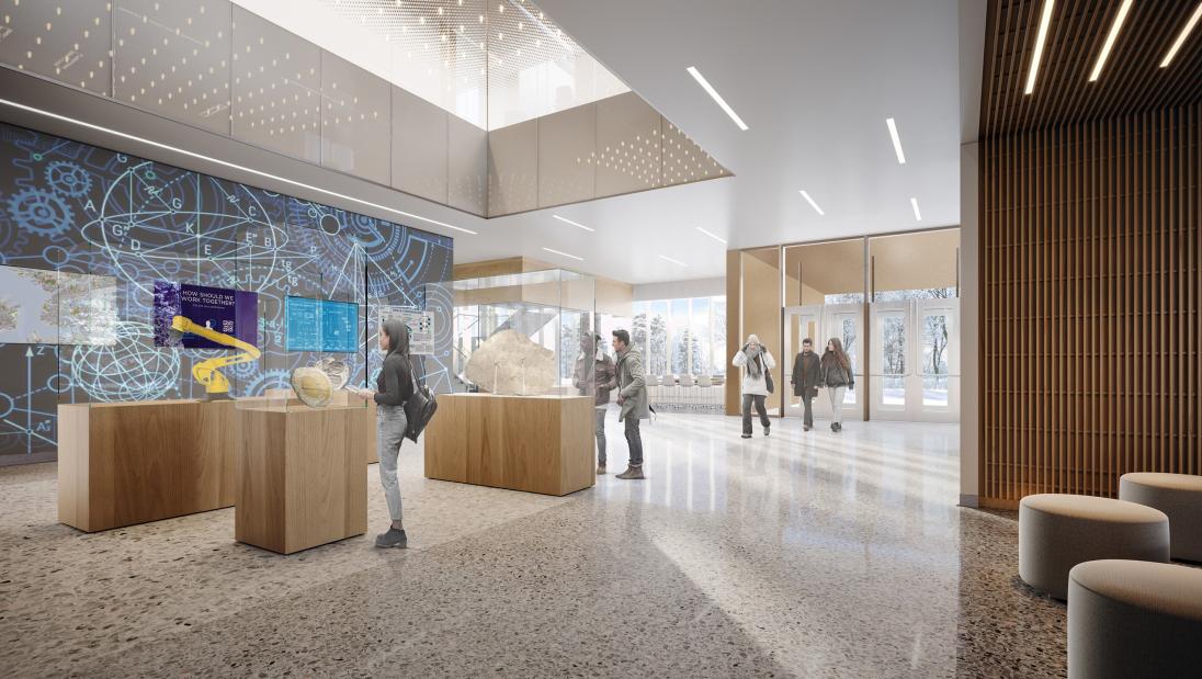 An artist's rendering of the lobby space in the Science and Health Sciences building, featuring natural light and exhibits.
