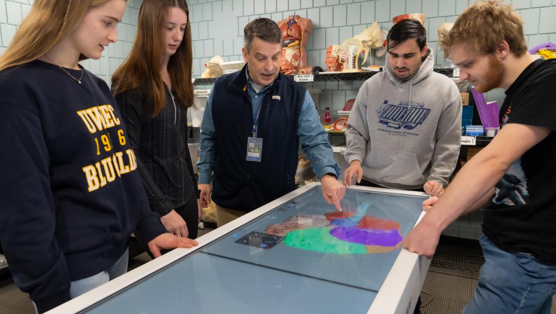 four students stand in front of an image of the brain with a professor.