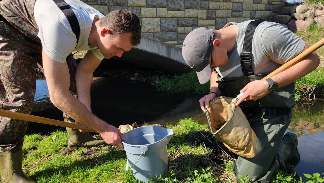 Students in Dr. Wellnitz's World of Water honors course look gather field data from the UWEC aquatic ecosystem