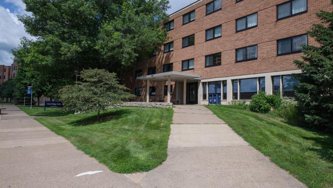An exterior view of Oakridge Hall, a brick residence hall