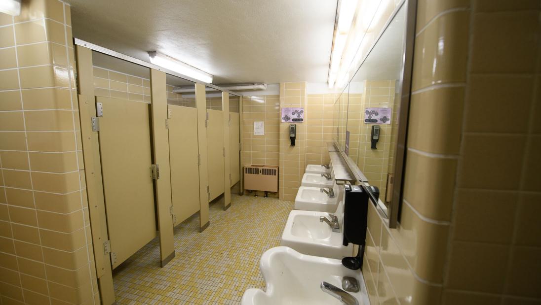 Governors Hall bathroom with toilet stalls, sinks, mirrors, and shower stalls.