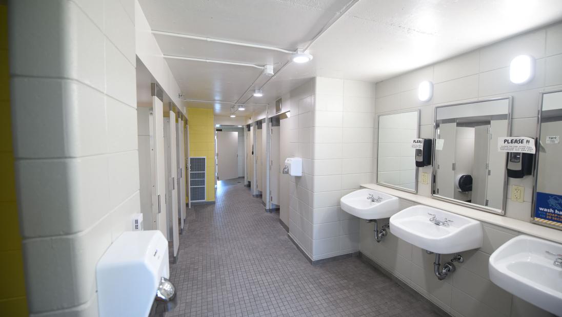 Bathroom in Towers Hall with sinks, stalls, and showers.