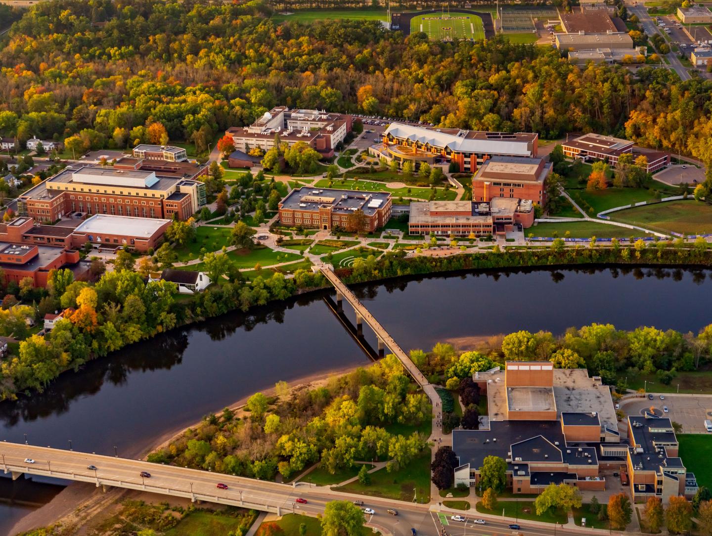 campus aerial in fall colors starting