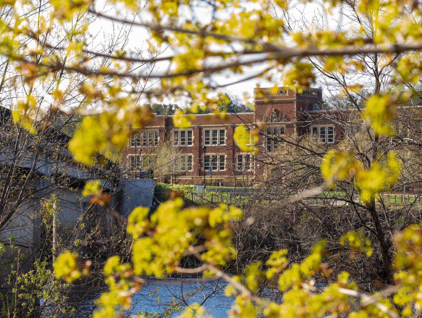 A shot of Schofield Hall during the fall with fall leaves framing the shot.