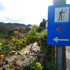 A directional sign for the Camino de Santiago, with the scenic background