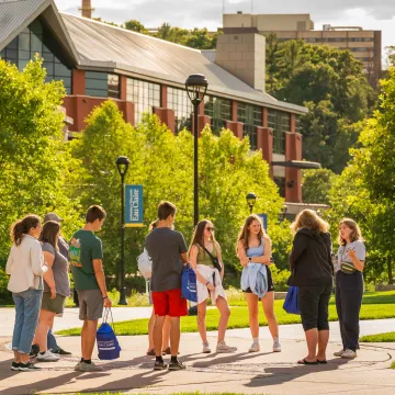 Students and parents gather on a campus sidewalk during a tour on a sunny day
