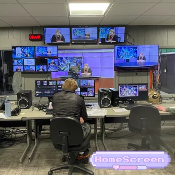 Students working in the control room on an episode of HomeScreen