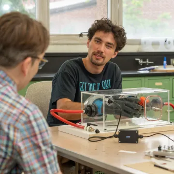 Student works with two gloves to reach inside a small, clear enclosure