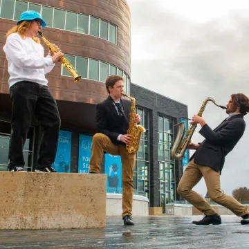 Saxophone quartet outside of Pablo Center during Jazz Fest