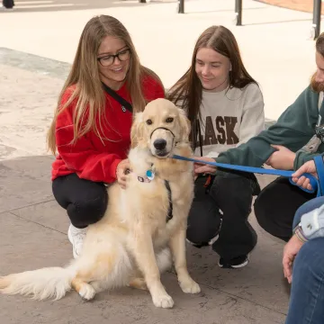 Students pet a dog on campus during the first day of school.