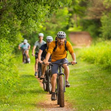 A group of bikers ride through a grassy trail in the summer