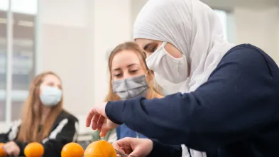 Pre-professional Health Club members practice suturing on oranges