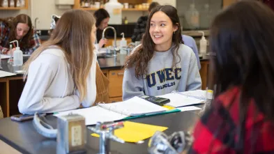 Students talk in class during a lab.