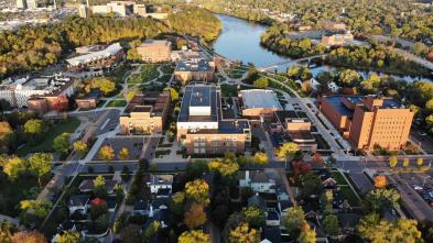 Wide angle drone view of all campus and neighborhood