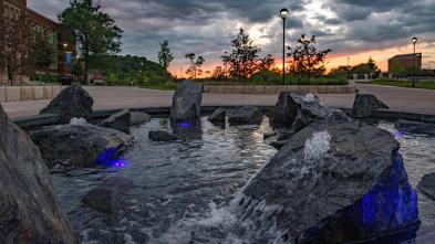 Stowe Family Fountain with a sunset in the background