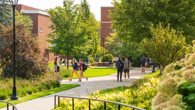 outdoor campus scene with students