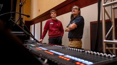 Tyler Edmondson and student crew set up for Gatsby Gala