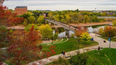 Students walk across campus as fall colors emerge in the background.
