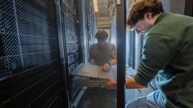 Will Jerome, left, and Tyler Bauer work on a server associated with the Blugold Center for High Performance Computing on January 9, 2026