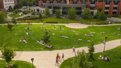 Campus mall and Davies Center in early fall
