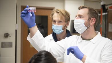 Zach Caterer (left) will present the undergraduate student research he is doing with Dr. Michael Walsh (right) during the Research in the Rotunda event in March in Madison. (Photo by Shane Opatz)