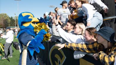 Blu high-fiving crowd at football game