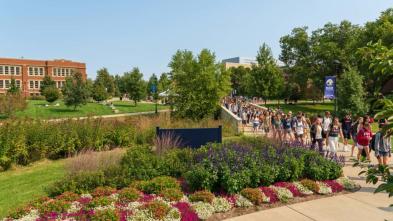Students on lower campus in fall
