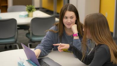 two female students at a table for a tutoring sessions, laptops on the table, both are looking at the screen