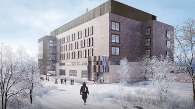 Science and Health Sciences Building rendering in winter