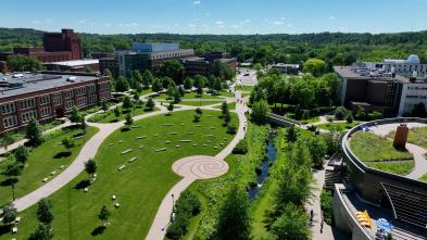 Aerial campus mall and creek