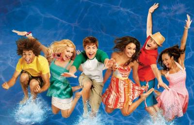Cast of High School Musical jumping into a pool