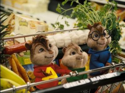 Alvin and the Chipmunks in a grocery cart