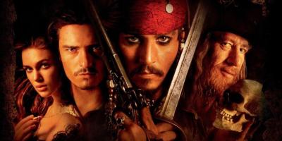 Captain Jack Sparrow, Will Turner, Elizabeth Swan, and Barbossa