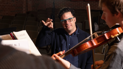 Cellist Dr. Tulio Rondon coaching the Cohen Scholarship Quartet in Phillips Recital Hall