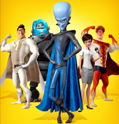 Group of five animated people. Two being superheroes and two being villains flexing. The last person is a female reporter.