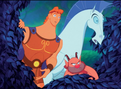 Hercules, Phil, and Pegasus looking through a hedge.