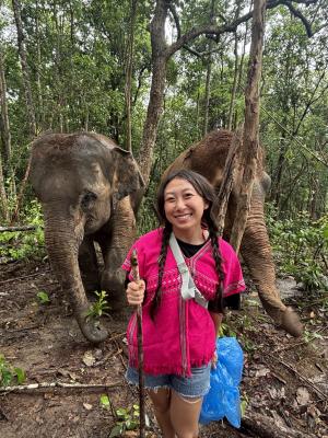 Kaitlyn Yang poses with elephants during study abroad trip in Thailand