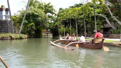 UW-Eau Claire students took part in a canoe ride at the Polynesian Cultural Center on the island of Oahu to explore six islands and learn about the native Hawaiian culture.