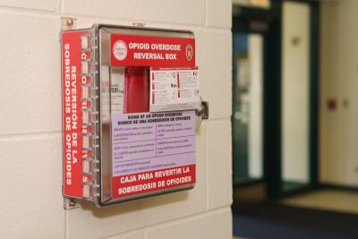 The Nalox-Zone boxes include Narcan nasal sprays, masks and instructions.