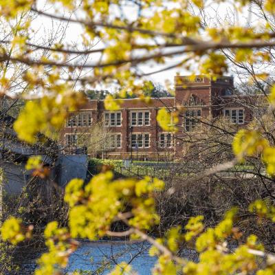A shot of Schofield Hall during the fall with fall leaves framing the shot.