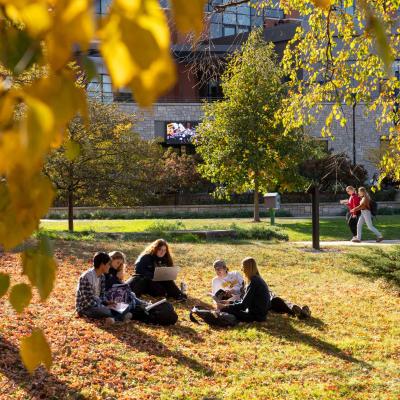 Students gather on the campus mall during a fall day to talk and study