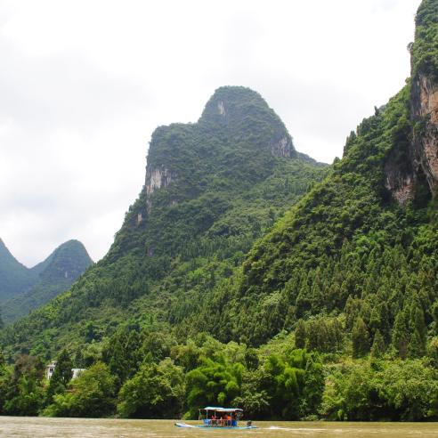 A stunning view of the green karst mountains in Guilin, China.