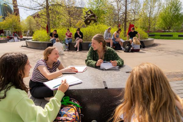 students having math class outside in spring