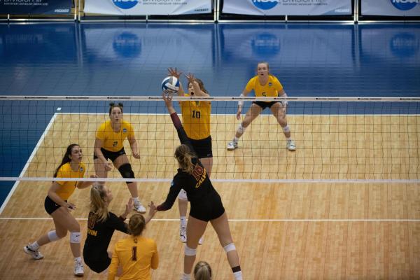 Blugolds block a hit by Calvin in volleyball