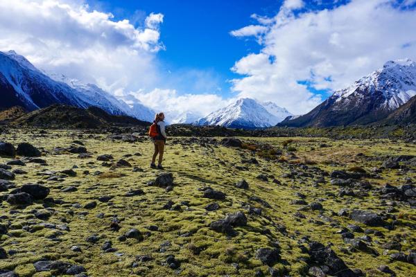 Student standing in a mountain vista, sunny day snow capped mountains