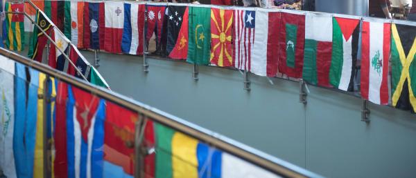 Different country flags hanging